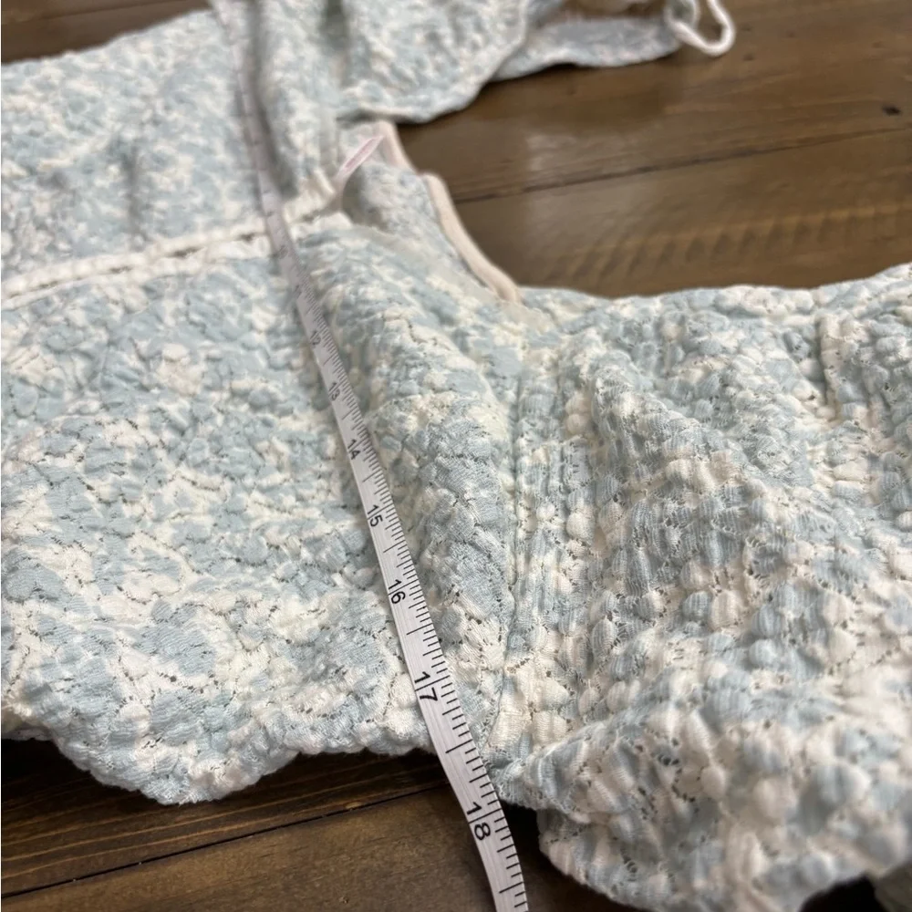 Free People Oh Baby Puff-Sleeve Lace Blouse in Blue and Cream